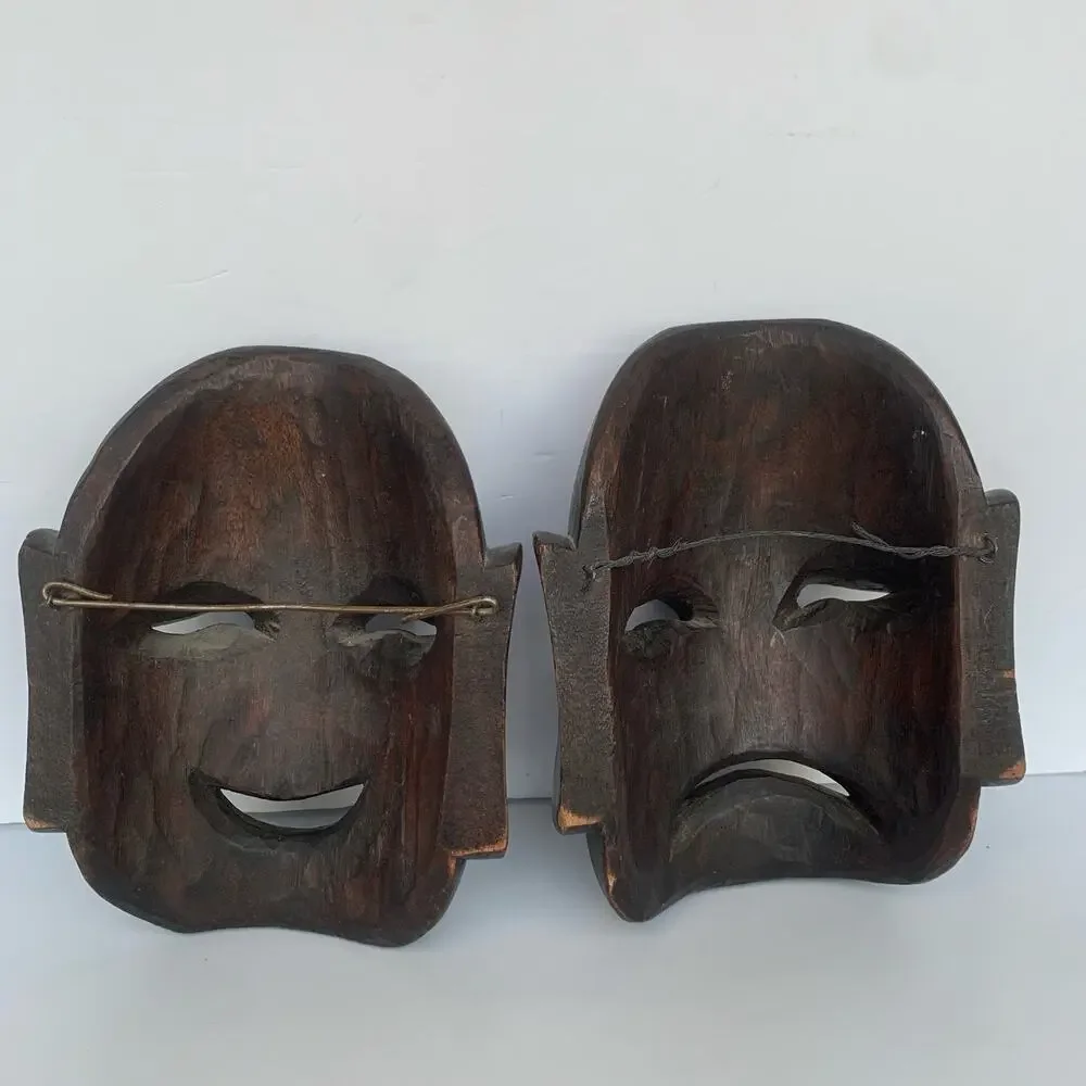 Vintage Mid Century Carved Wood Buddha Masks Wall Art